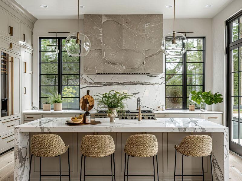 Modern marble kitchen with an island and bar stools in a high-end home