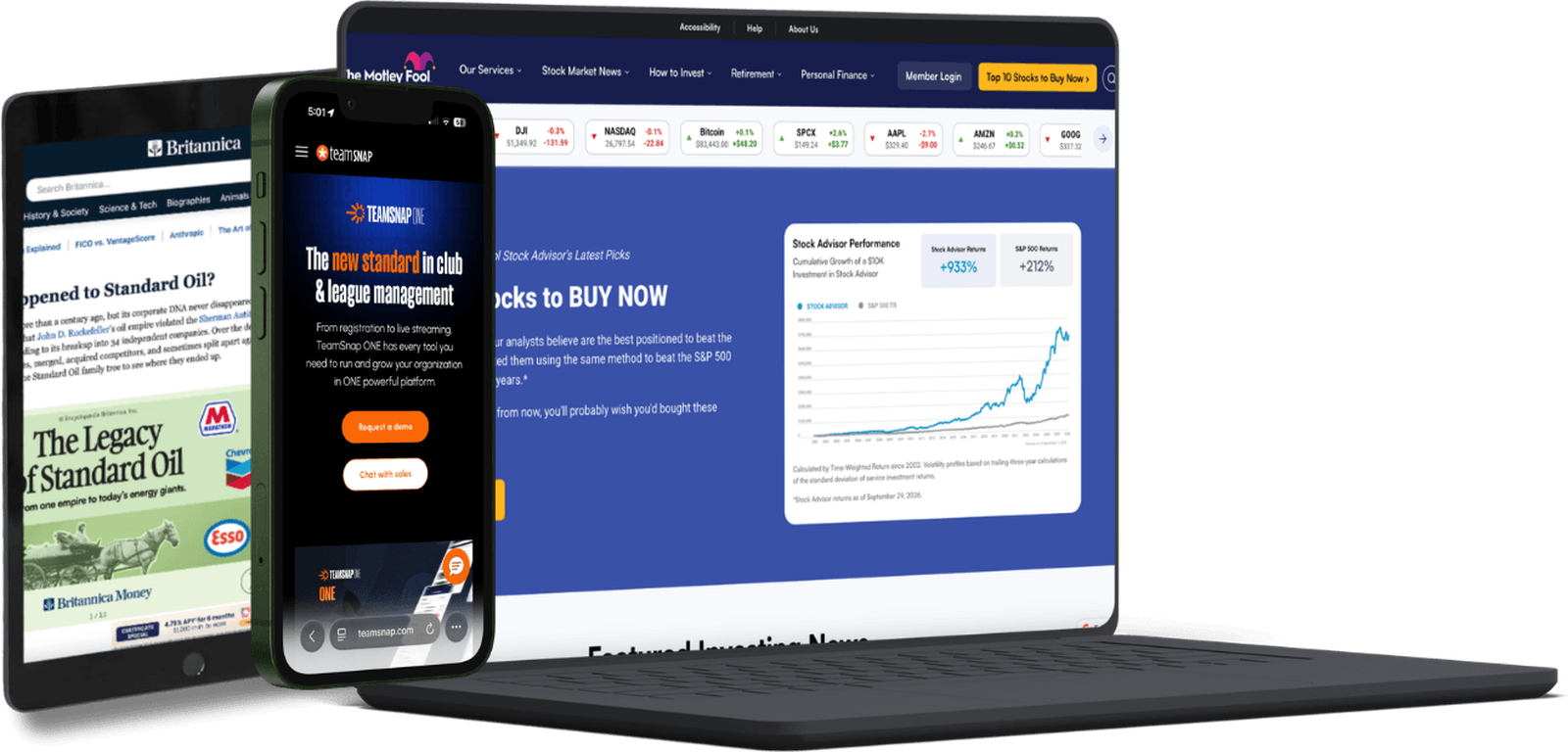 The Motley Fool, Britannica and TeamSnap shown on a laptop, tablet and phone